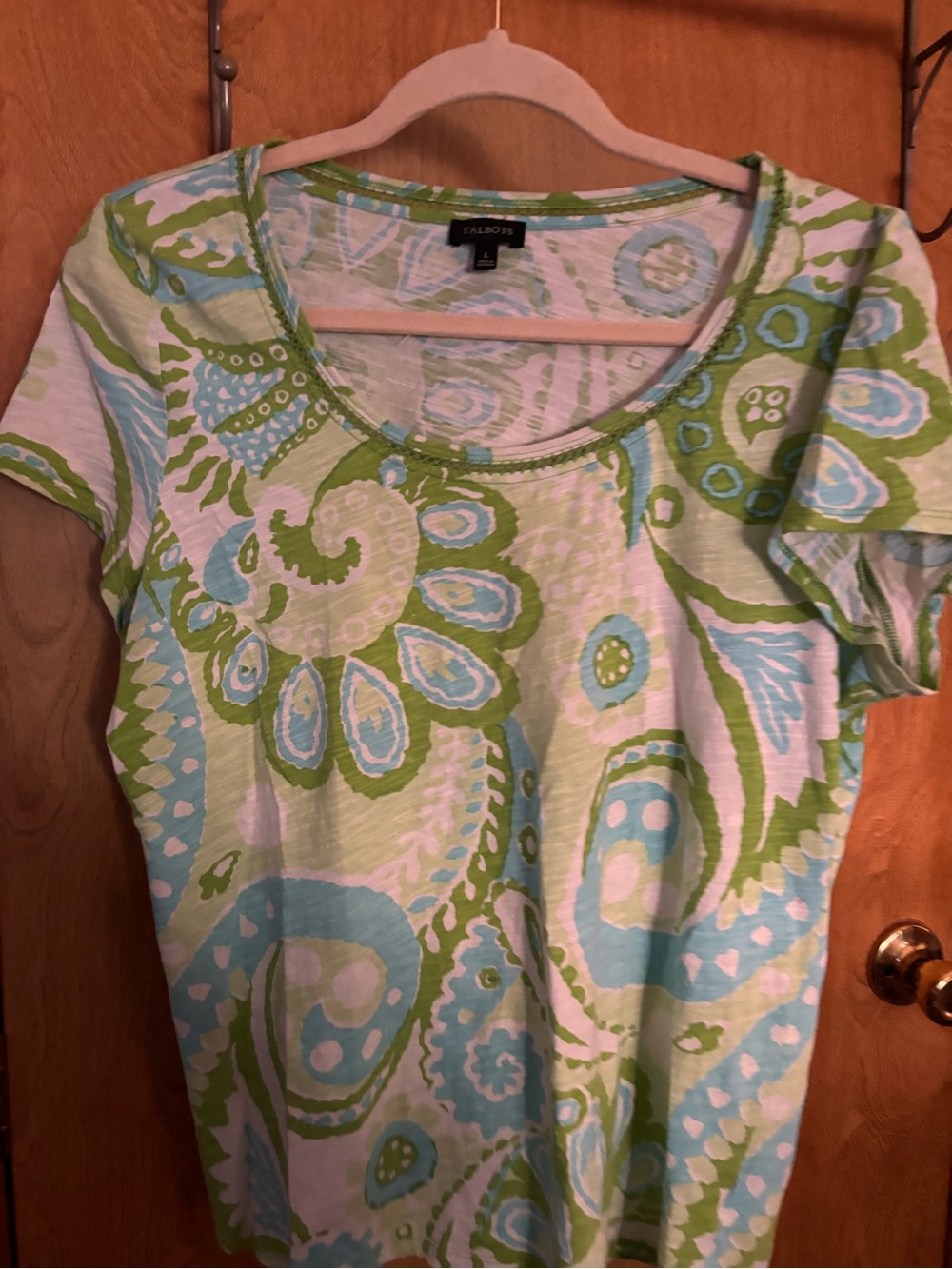 Talbots Green and Light Blue Paisley Scoop Neck Tee Shirt